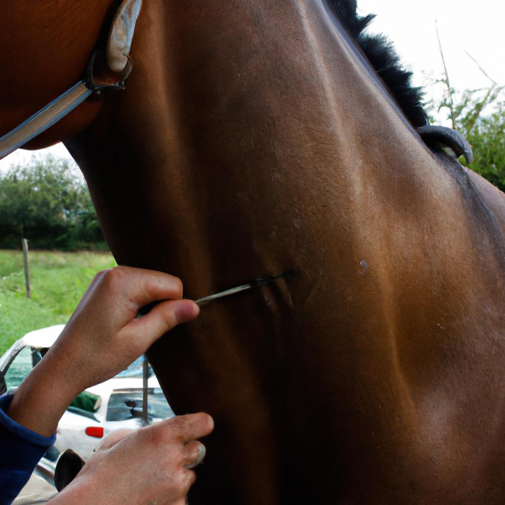 Person performing acupuncture on horse