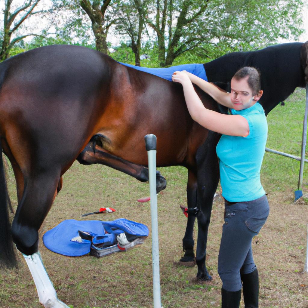 Woman performing chiropractic treatment on horse