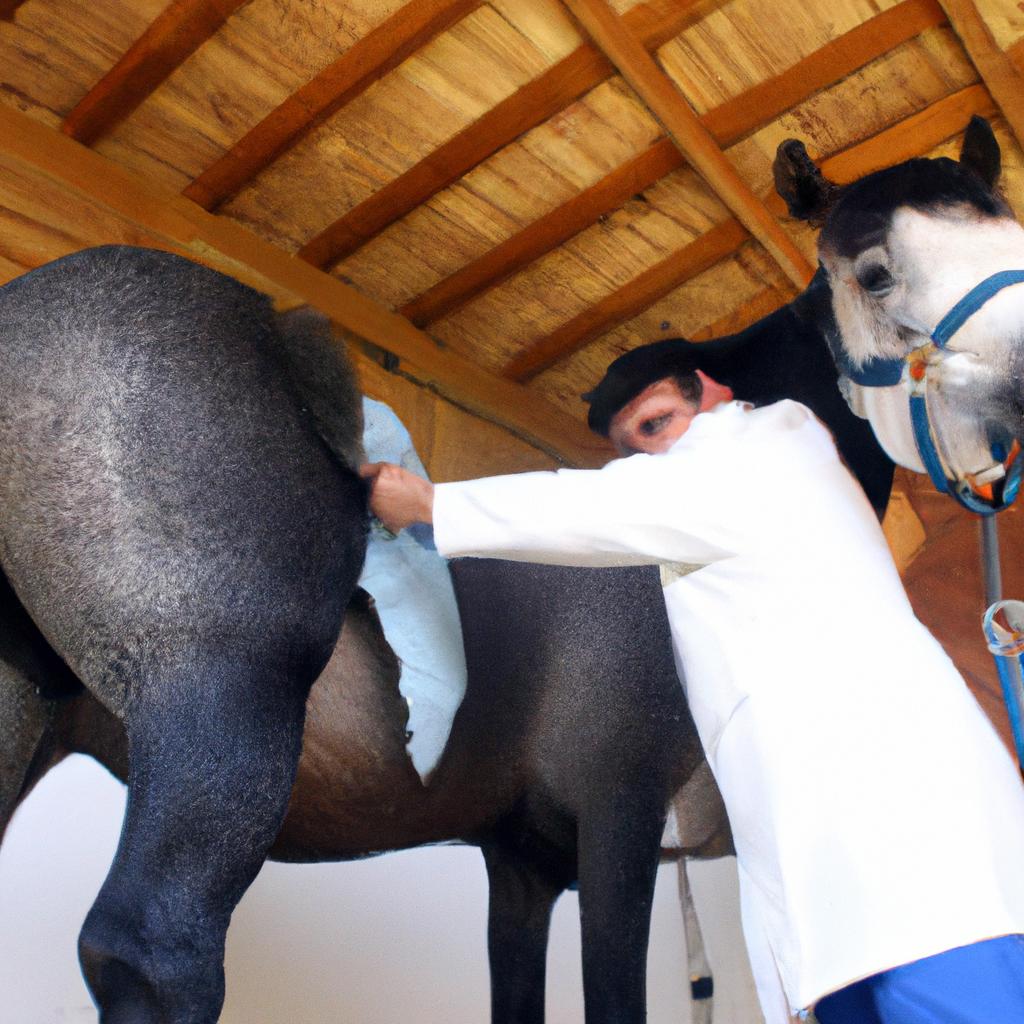 Chiropractor treating horse with care