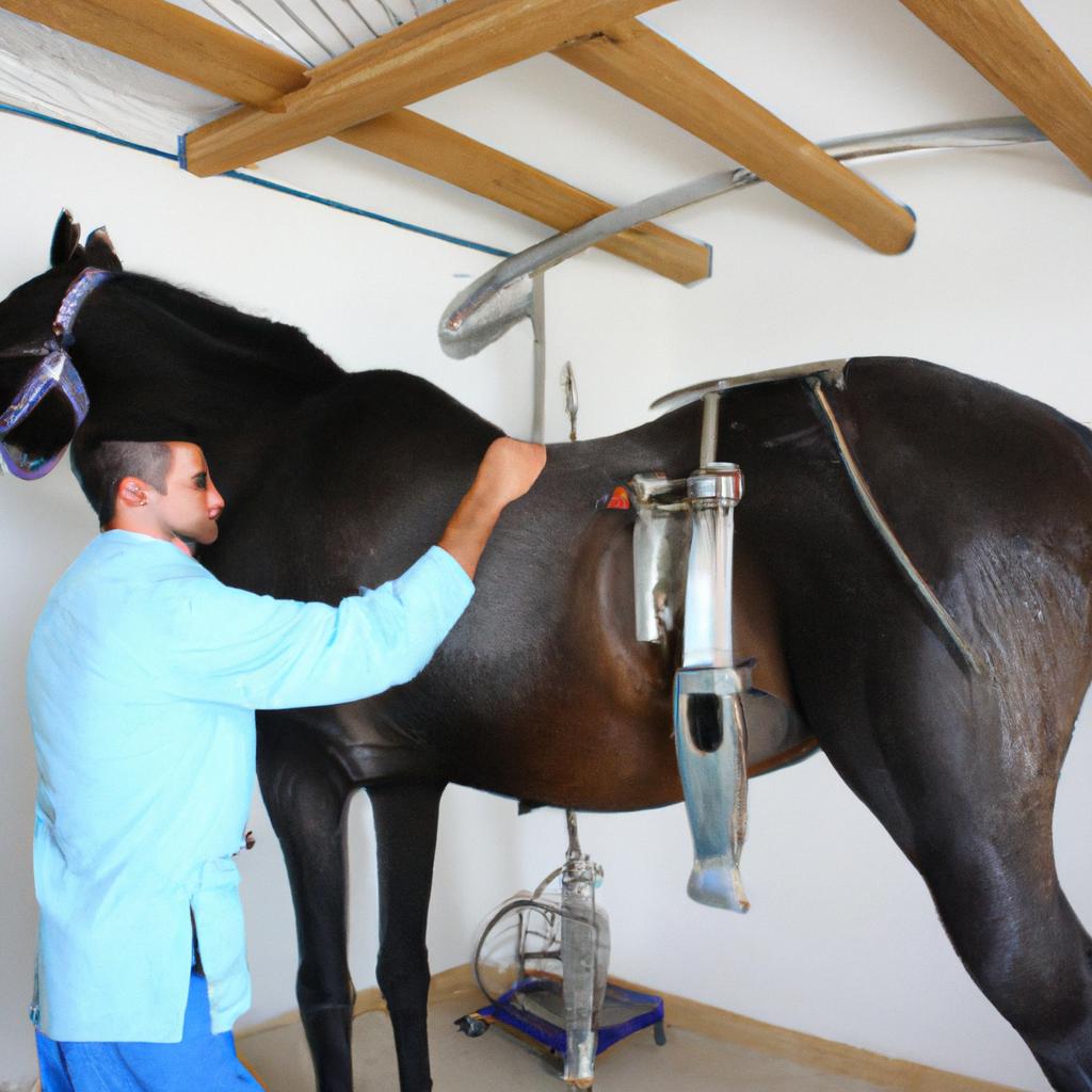 Chiropractor adjusting horse's spinal alignment