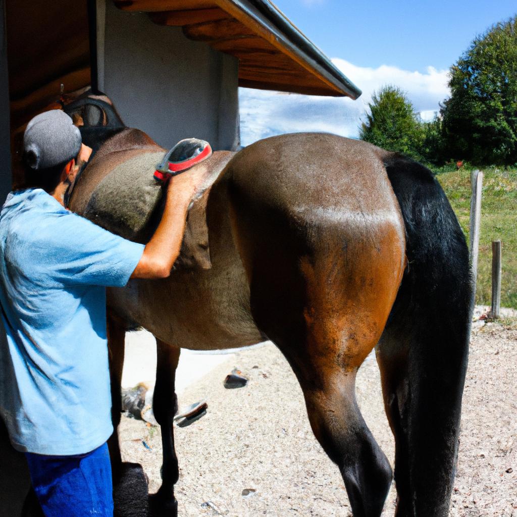 Person performing chiropractic on horse
