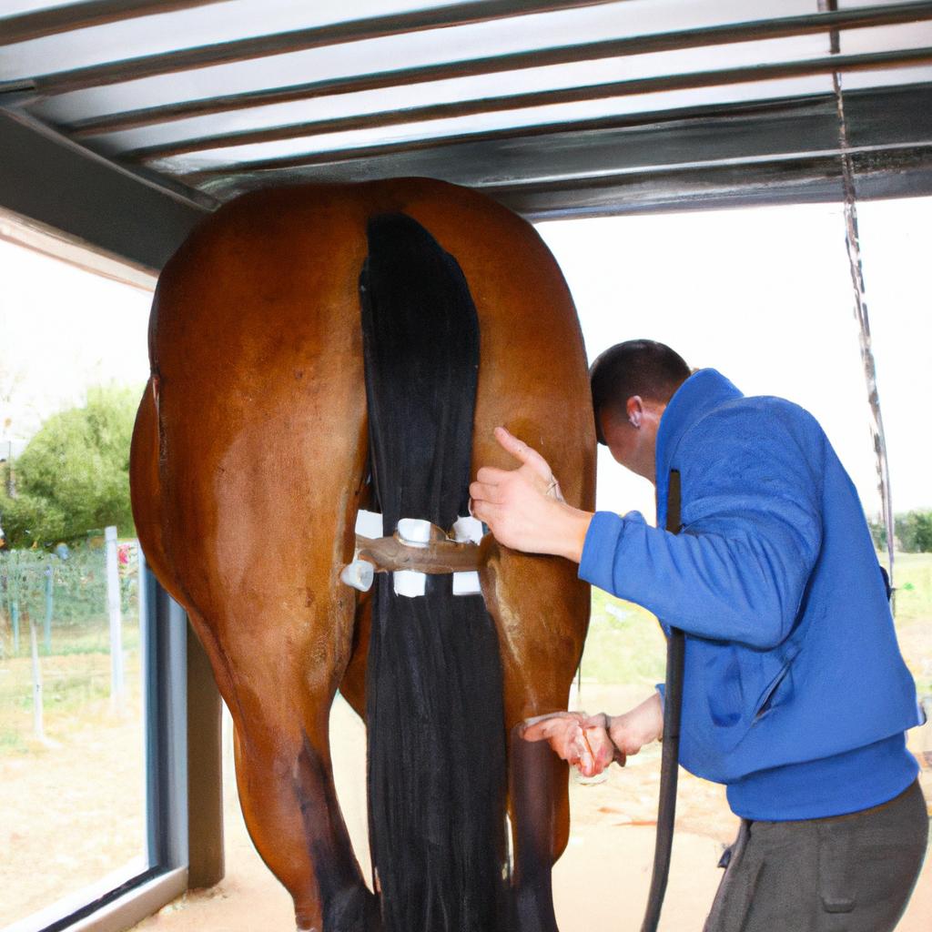 Chiropractor examining horse's spinal alignment