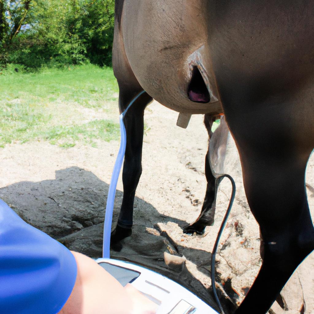 Person performing ultrasound on horse